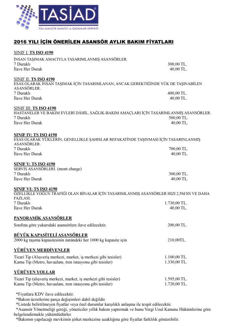 2026 Yılı İçin TASİAD Tarafından Önerilen Asansör Aylık Bakım Fiyatları.